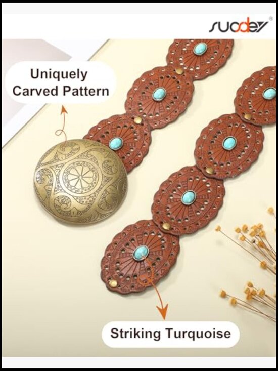 Western Disc Belt Turquoise Accent Boho Cowgirl Wide Leather Belt Hook Closure main image 6